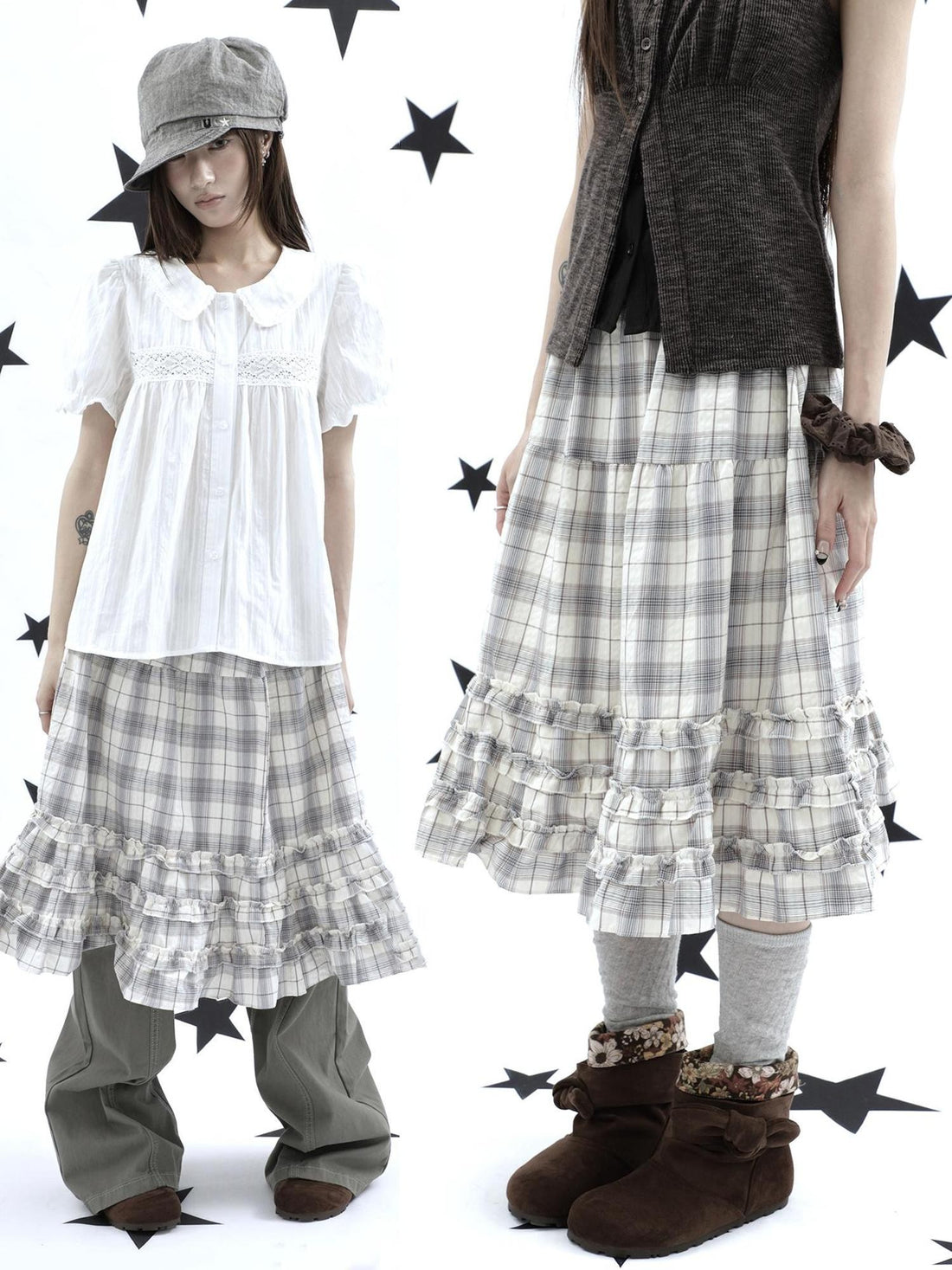 ang project Gray Plaid Ruffle Trim Patchwork Print Elastic Waist A Line Women&