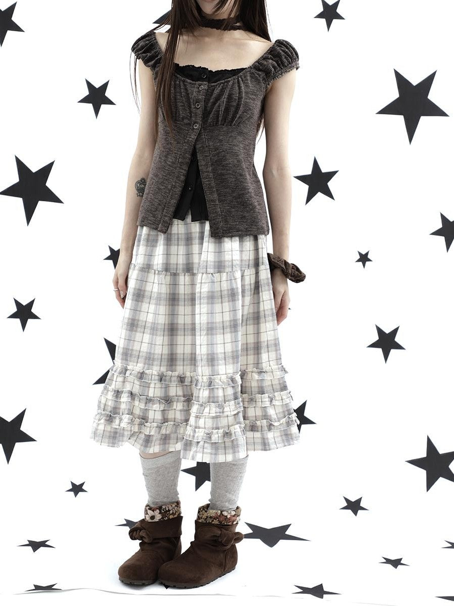 ang project Gray Plaid Ruffle Trim Patchwork Print Elastic Waist A Line Women&