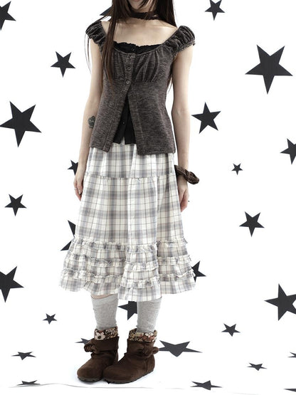 ang project Gray Plaid Ruffle Trim Patchwork Print Elastic Waist A Line Women&