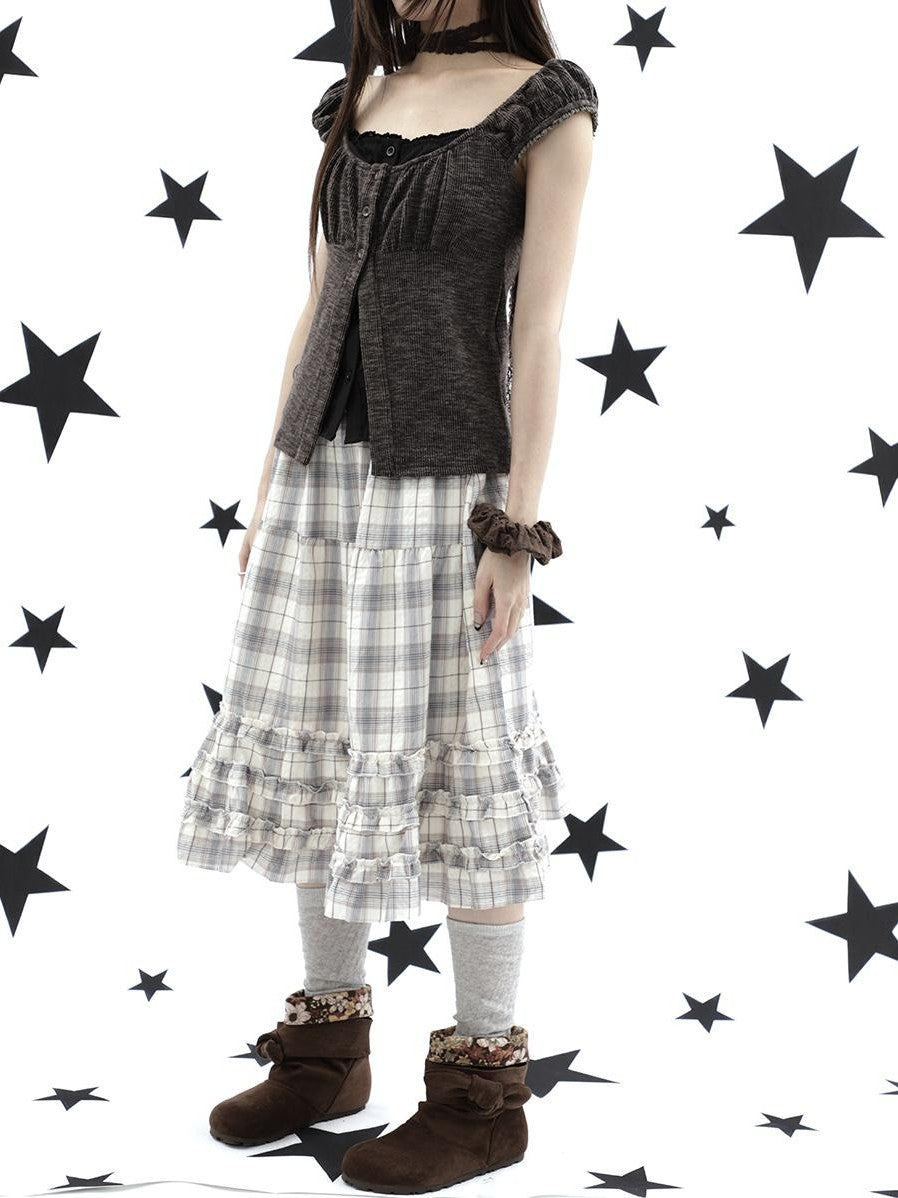 ang project Gray Plaid Ruffle Trim Patchwork Print Elastic Waist A Line Women&
