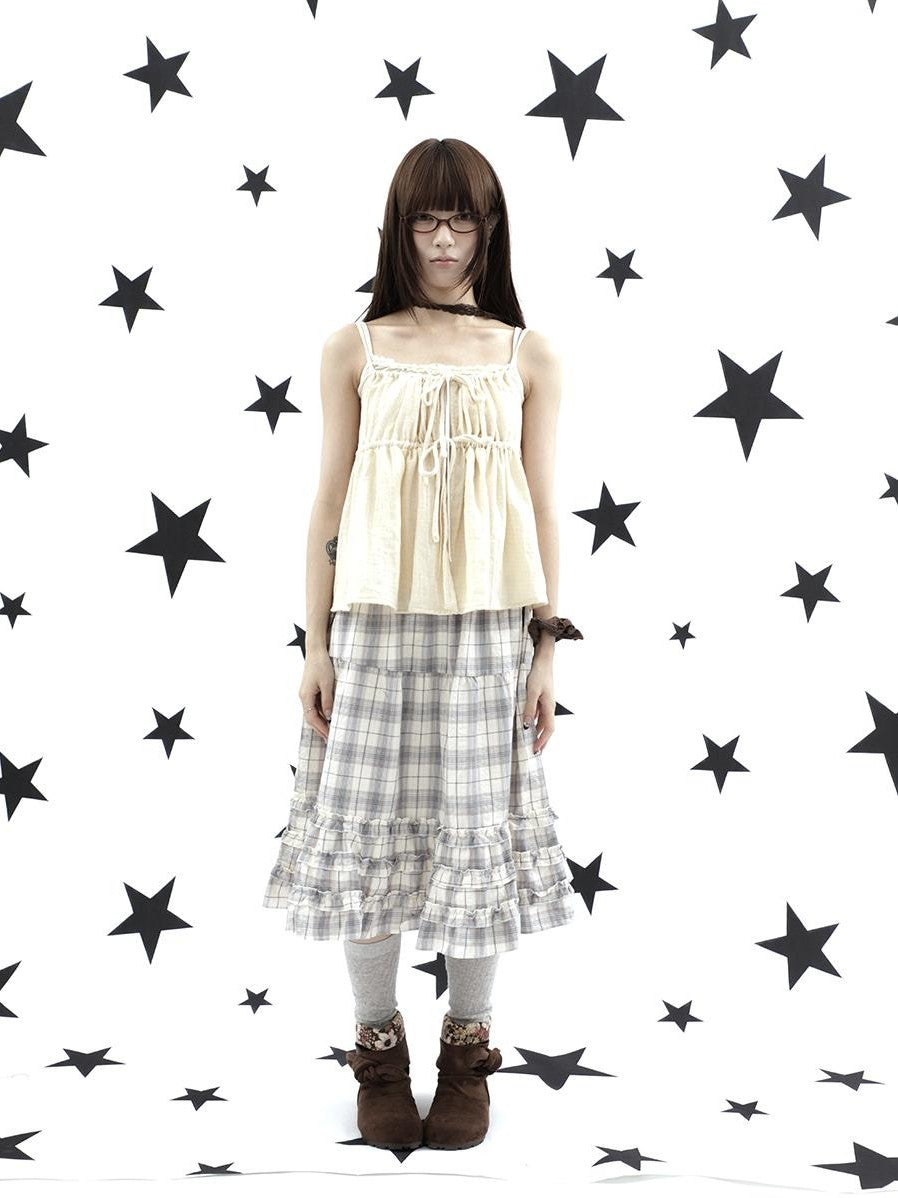 ang project Gray Plaid Ruffle Trim Patchwork Print Elastic Waist A Line Women&