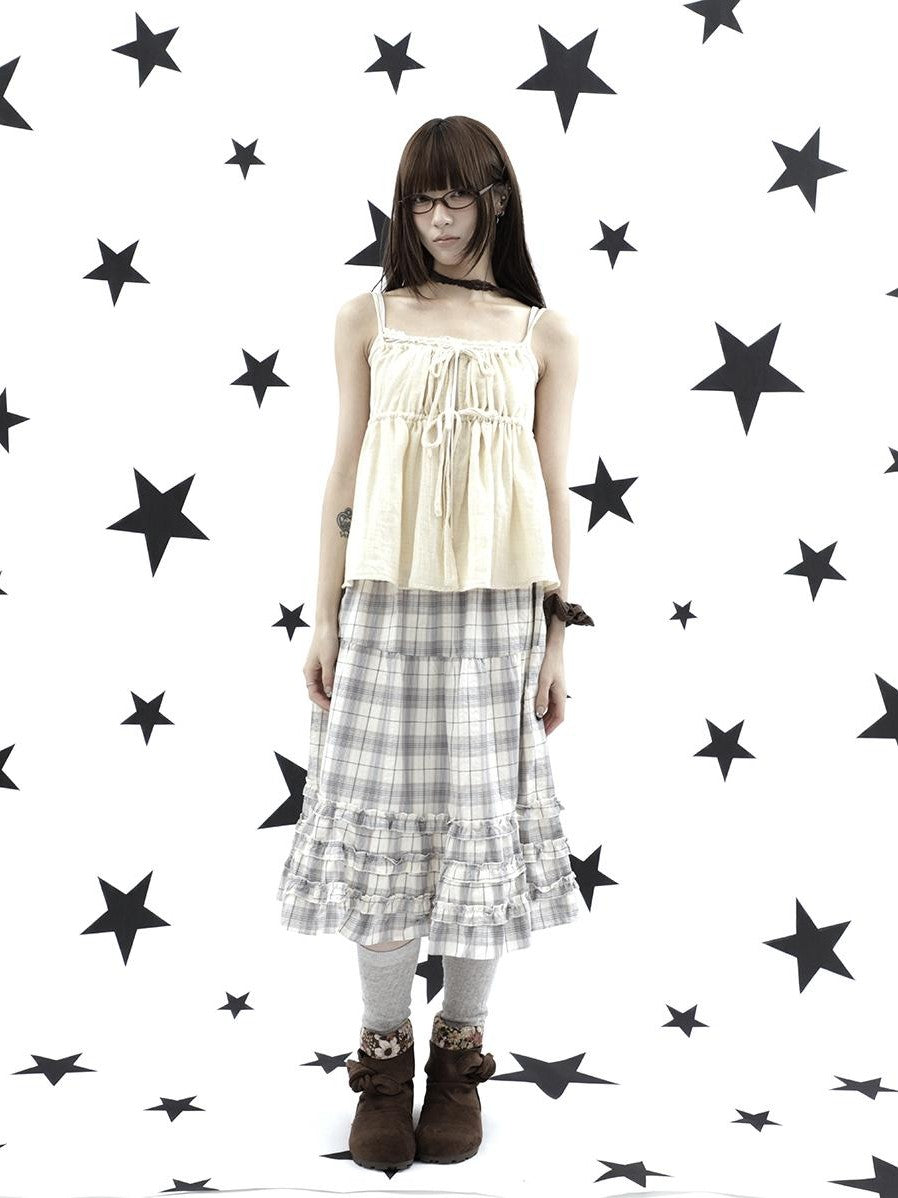 ang project Gray Plaid Ruffle Trim Patchwork Print Elastic Waist A Line Women&
