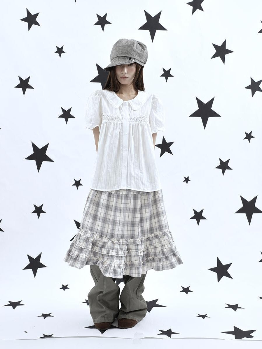 ang project Gray Plaid Ruffle Trim Patchwork Print Elastic Waist A Line Women&