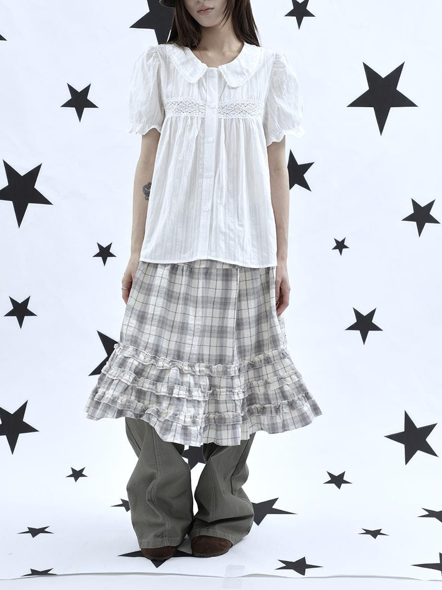 ang project Gray Plaid Ruffle Trim Patchwork Print Elastic Waist A Line Women&