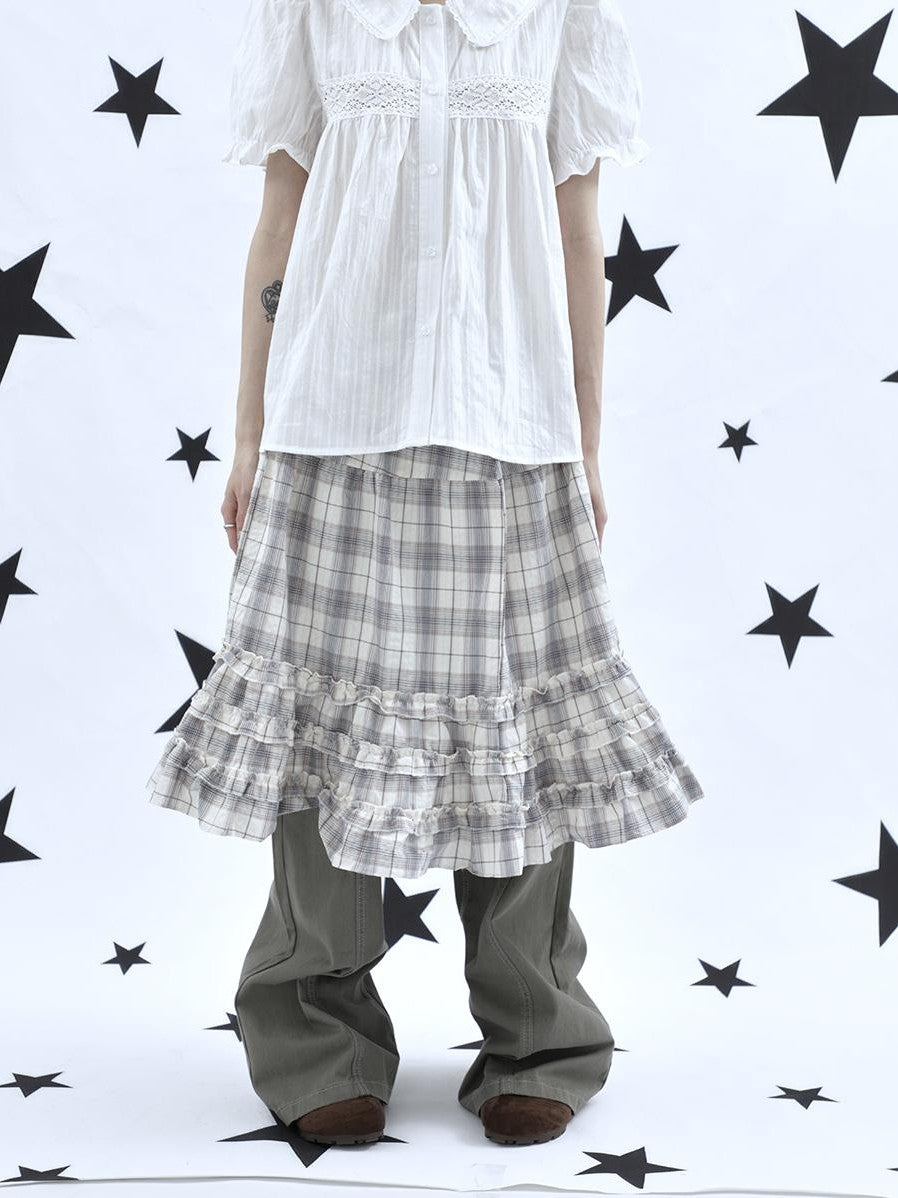 ang project Gray Plaid Ruffle Trim Patchwork Print Elastic Waist A Line Women&
