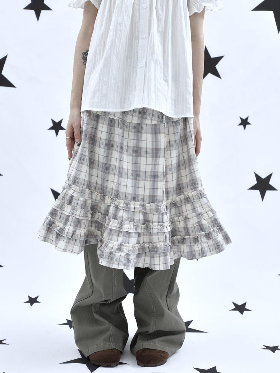 ang project Gray Plaid Ruffle Trim Patchwork Print Elastic Waist A Line Women&