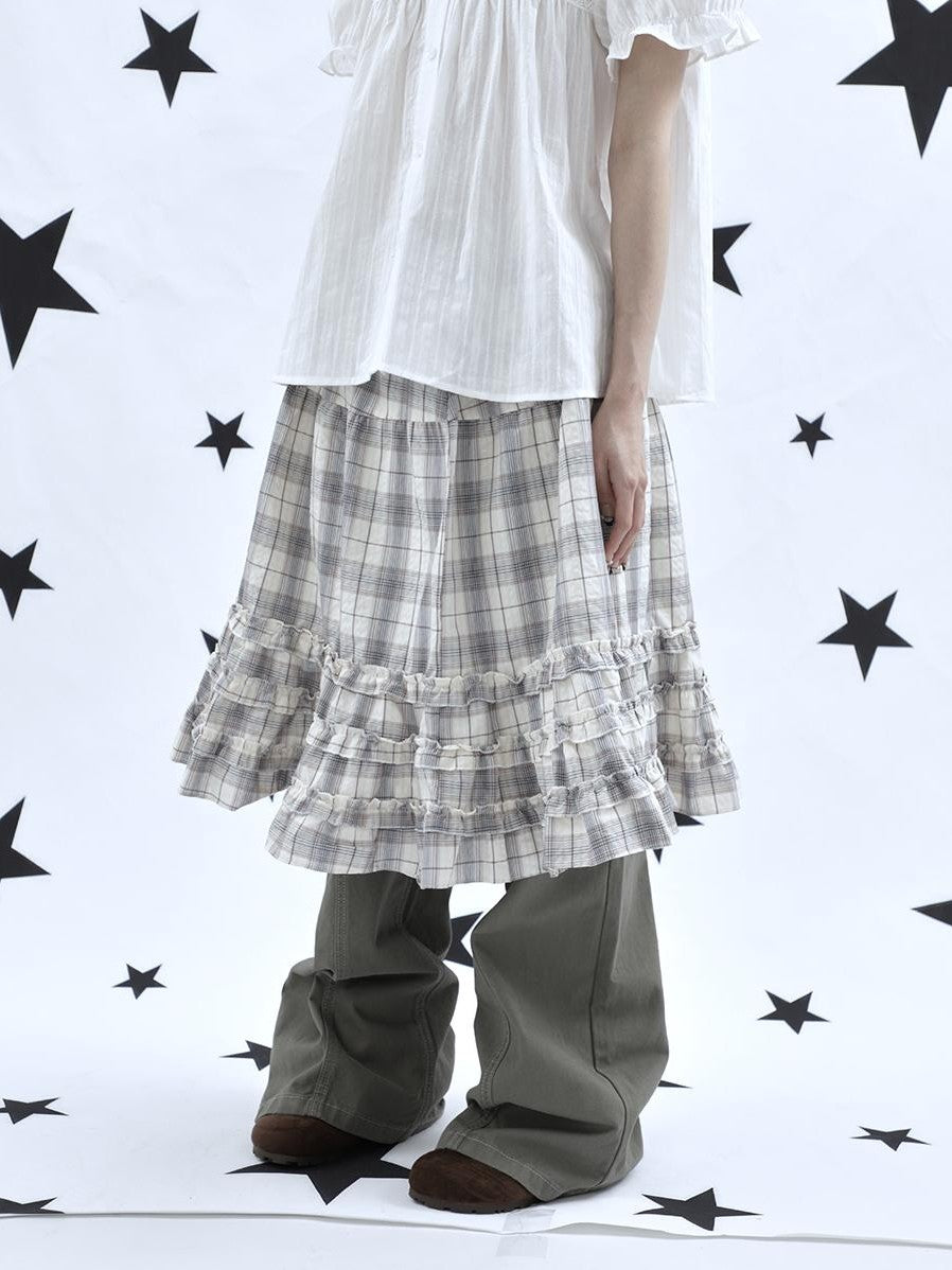 ang project Gray Plaid Ruffle Trim Patchwork Print Elastic Waist A Line Women&