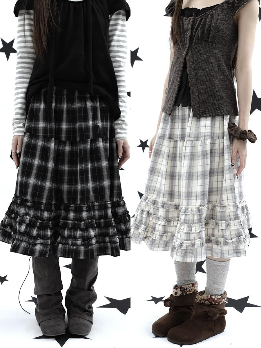 ang project Gray Plaid Ruffle Trim Patchwork Print Elastic Waist A Line Women&