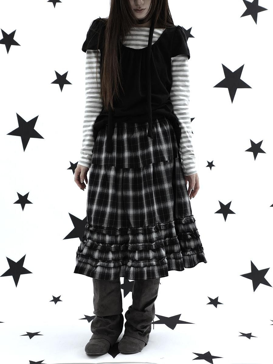 ang project Gray Plaid Ruffle Trim Patchwork Print Elastic Waist A Line Women&