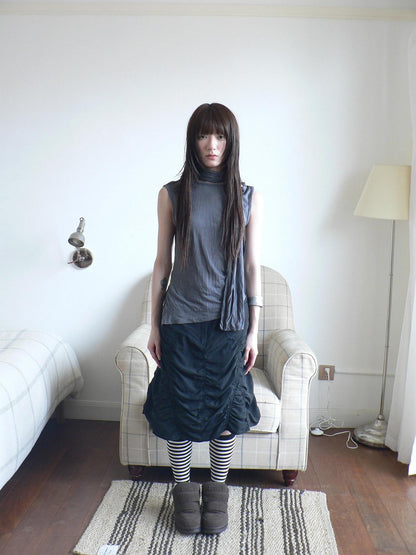ang project Gray Pleated Asymmetric Cinched Waist Tie Sash Women&