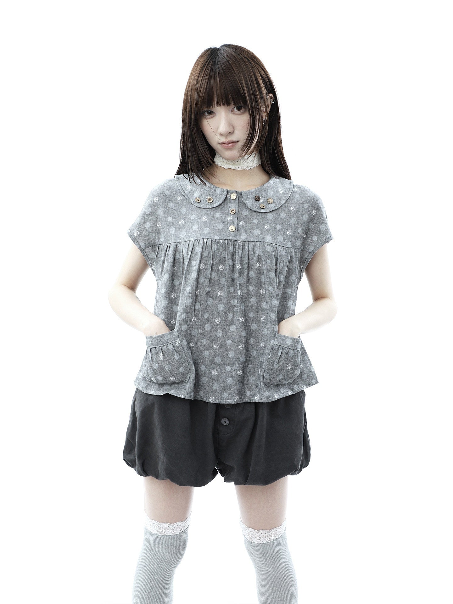 ang_project_Gray_Polka_Dot_Doll_Collar_Wooden_Button_Pleated_Pocket_Women&