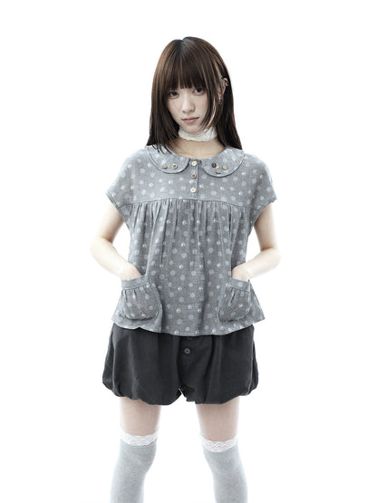 ang_project_Gray_Polka_Dot_Doll_Collar_Wooden_Button_Pleated_Pocket_Women&