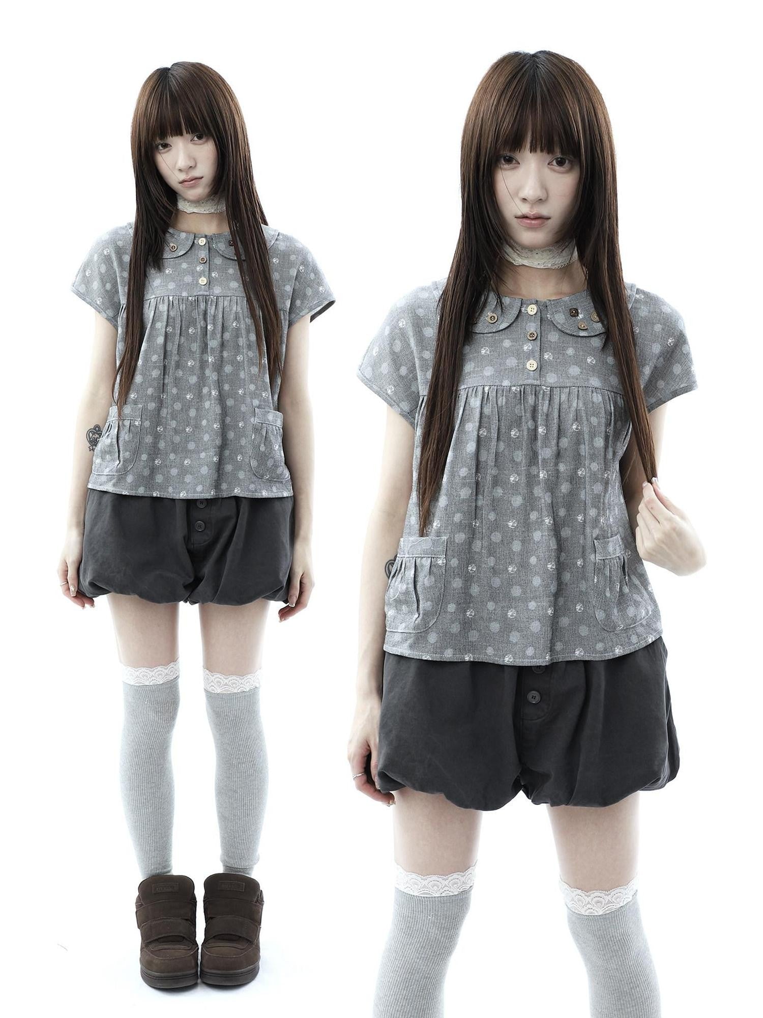 ang project Gray Polka Dot Doll Collar Wooden Button Pleated Pocket Women&