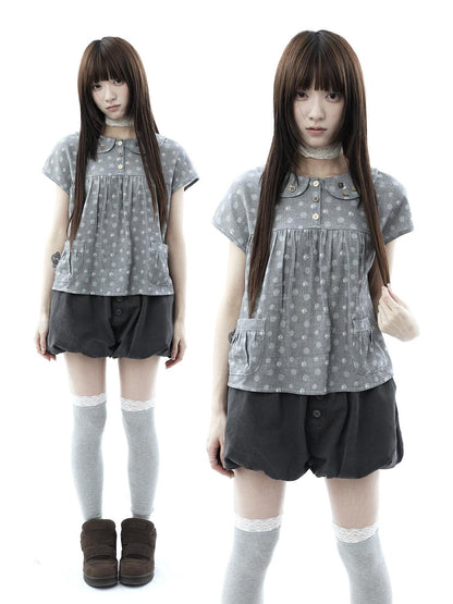 ang project Gray Polka Dot Doll Collar Wooden Button Pleated Pocket Women&