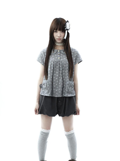 ang project Gray Polka Dot Doll Collar Wooden Button Pleated Pocket Women&
