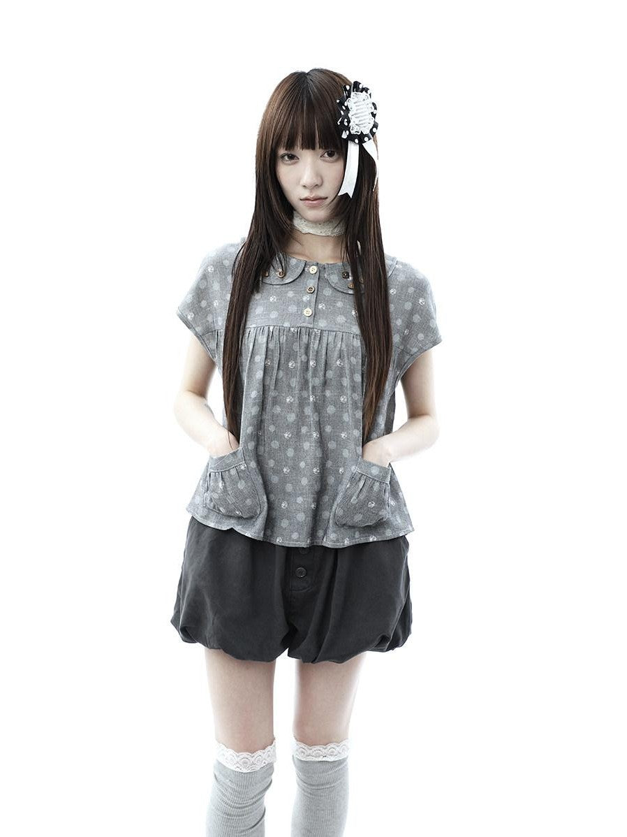 ang project Gray Polka Dot Doll Collar Wooden Button Pleated Pocket Women&