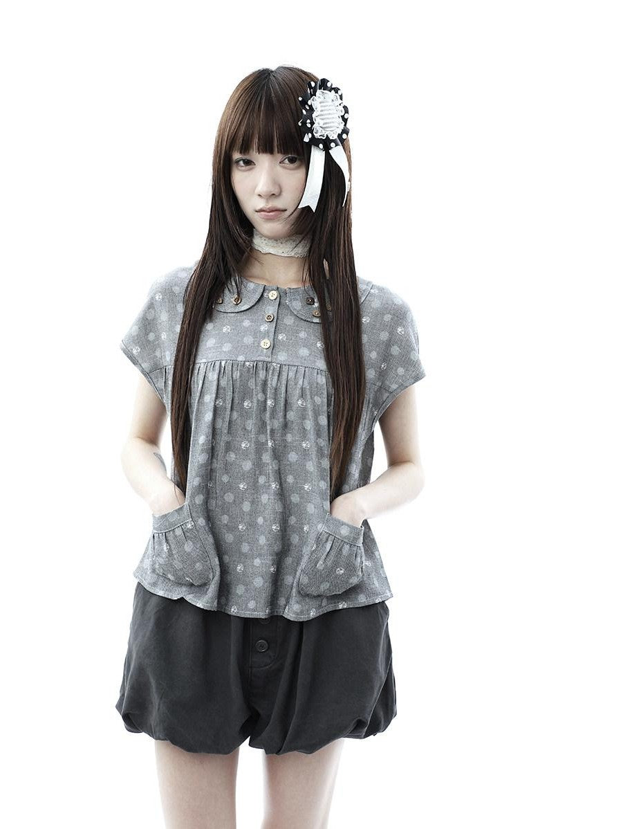 ang project Gray Polka Dot Doll Collar Wooden Button Pleated Pocket Women&