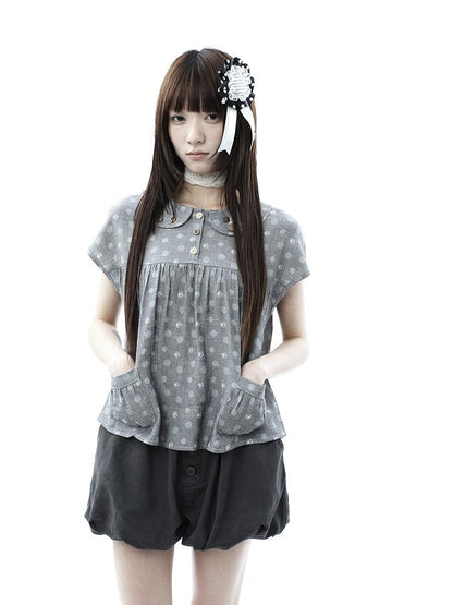 ang project Gray Polka Dot Doll Collar Wooden Button Pleated Pocket Women&