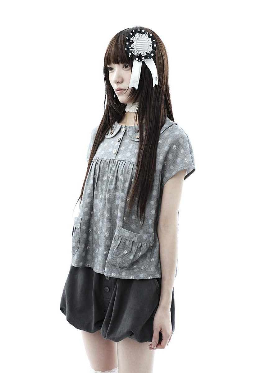 ang project Gray Polka Dot Doll Collar Wooden Button Pleated Pocket Women&