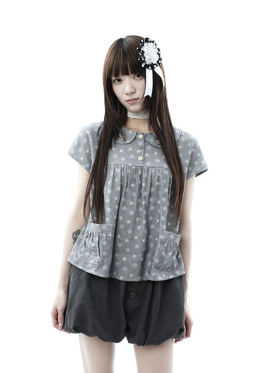 ang project Gray Polka Dot Doll Collar Wooden Button Pleated Pocket Women&
