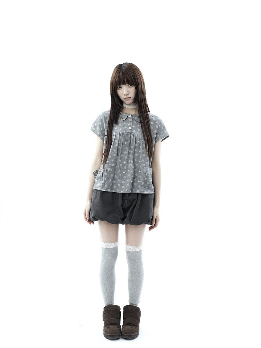 ang project Gray Polka Dot Doll Collar Wooden Button Pleated Pocket Women&