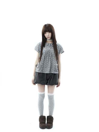 ang project Gray Polka Dot Doll Collar Wooden Button Pleated Pocket Women&