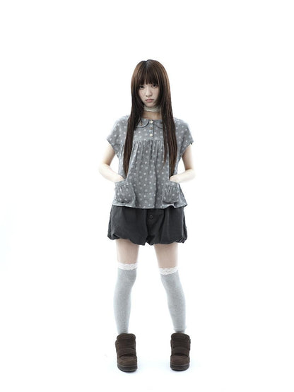 ang project Gray Polka Dot Doll Collar Wooden Button Pleated Pocket Women&