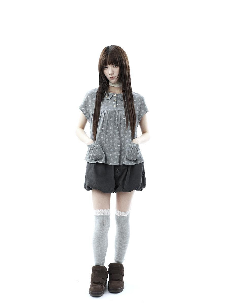 ang project Gray Polka Dot Doll Collar Wooden Button Pleated Pocket Women&