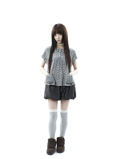 ang project Gray Polka Dot Doll Collar Wooden Button Pleated Pocket Women&