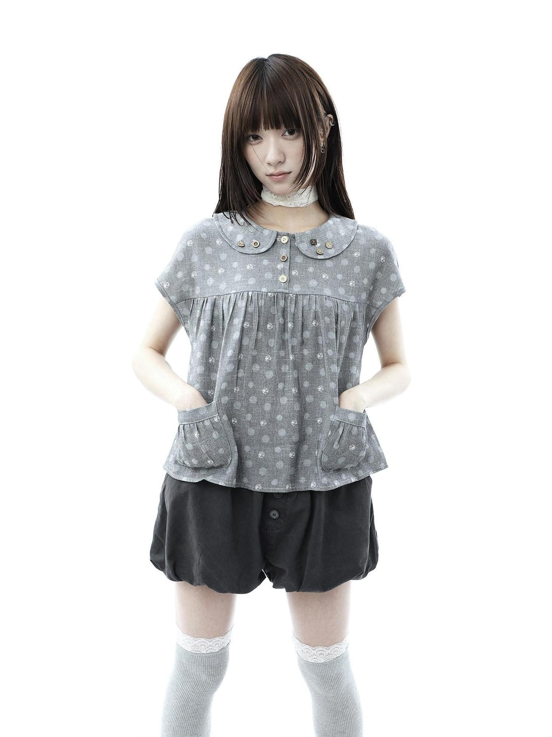 ang project Gray Polka Dot Doll Collar Wooden Button Pleated Pocket Women&