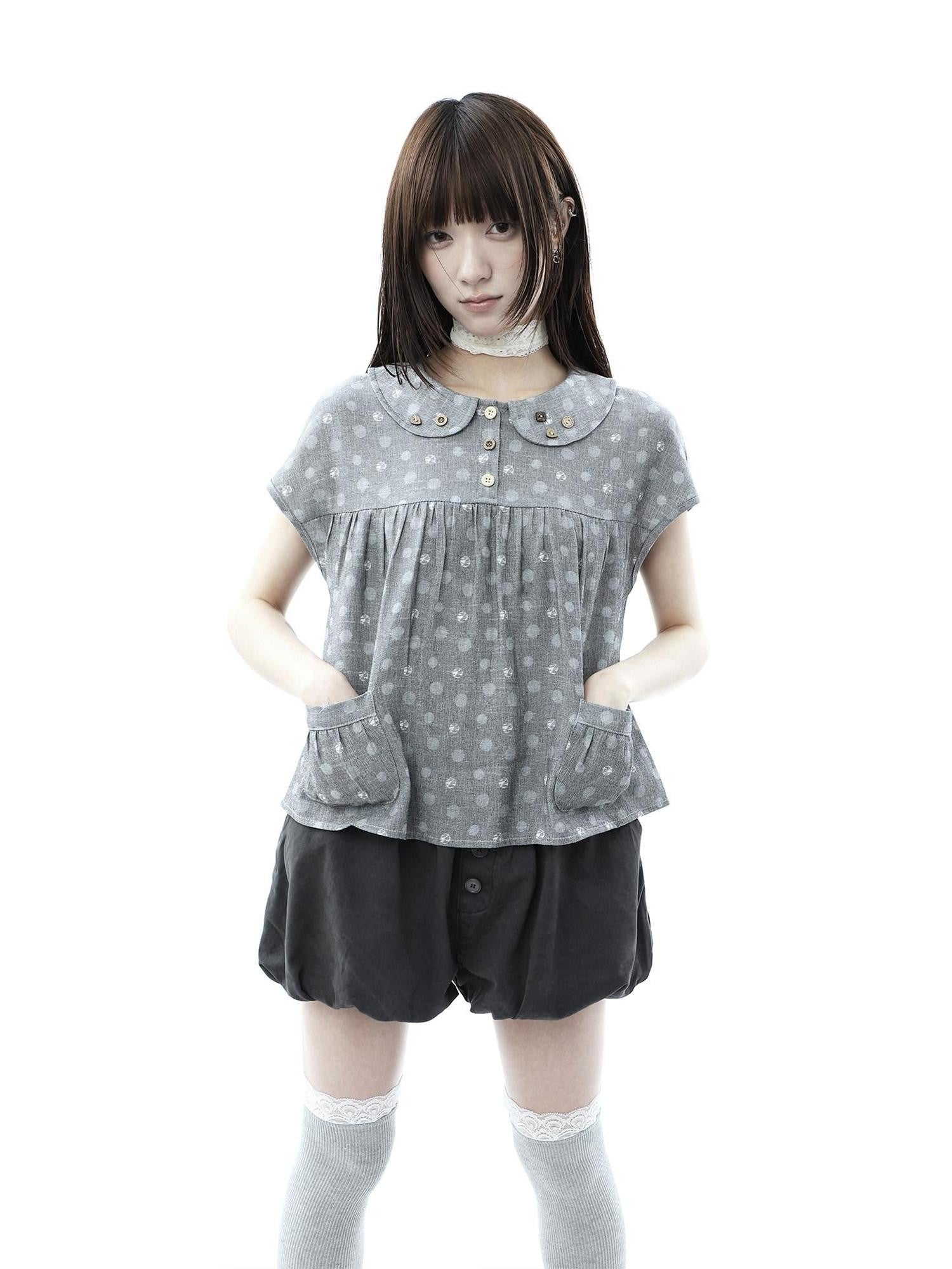 ang project Gray Polka Dot Doll Collar Wooden Button Pleated Pocket Women&
