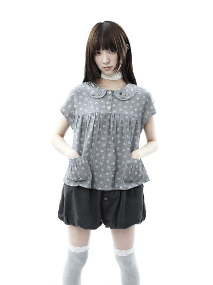 ang project Gray Polka Dot Doll Collar Wooden Button Pleated Pocket Women&