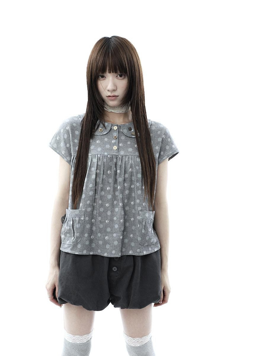 ang project Gray Polka Dot Doll Collar Wooden Button Pleated Pocket Women&