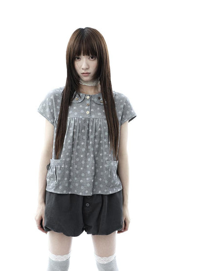 ang project Gray Polka Dot Doll Collar Wooden Button Pleated Pocket Women&