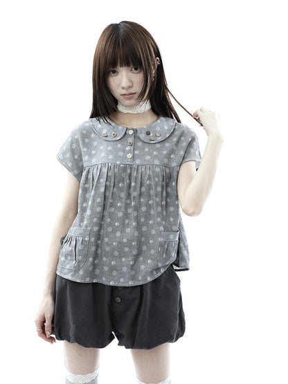 ang project Gray Polka Dot Doll Collar Wooden Button Pleated Pocket Women&