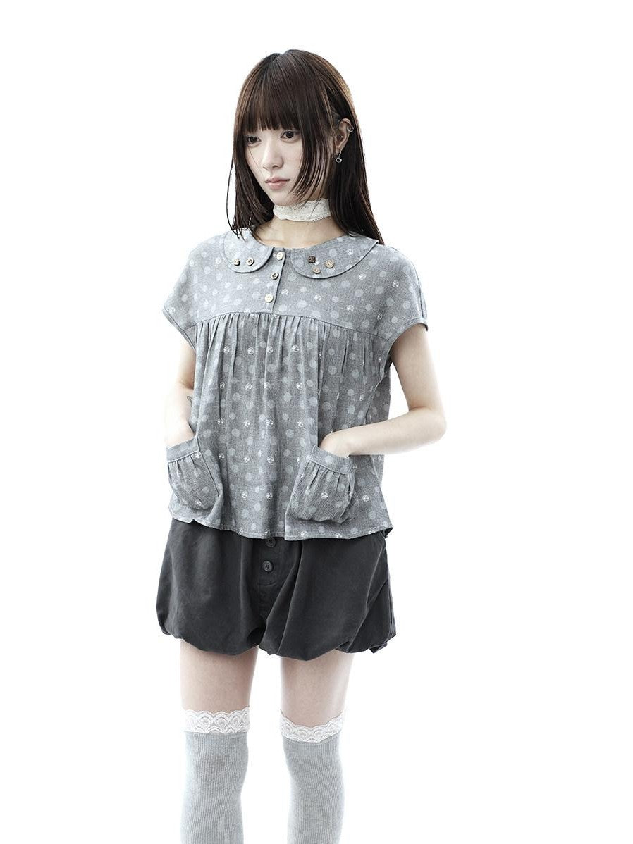ang project Gray Polka Dot Doll Collar Wooden Button Pleated Pocket Women&