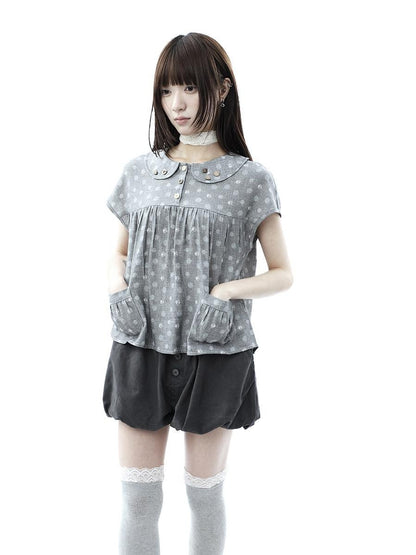 ang project Gray Polka Dot Doll Collar Wooden Button Pleated Pocket Women&
