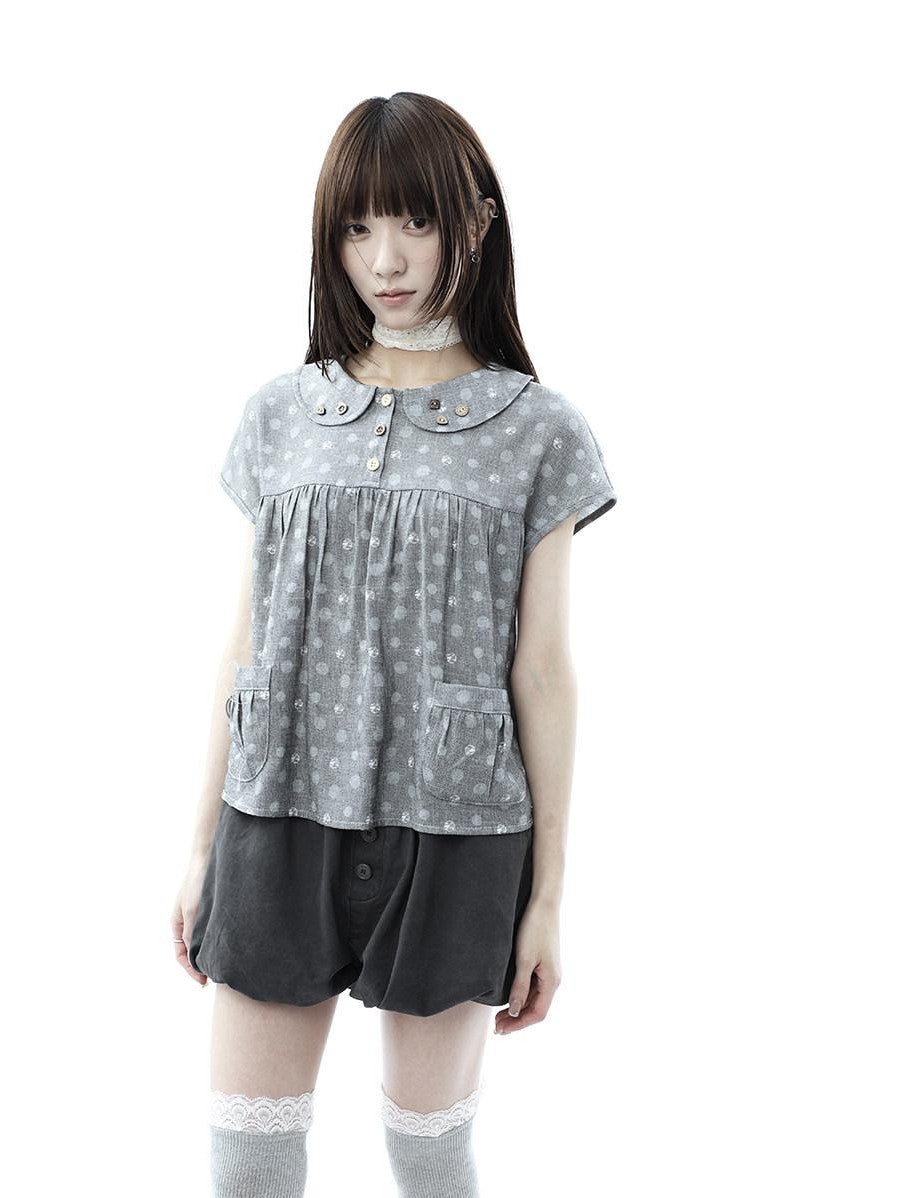 ang project Gray Polka Dot Doll Collar Wooden Button Pleated Pocket Women&