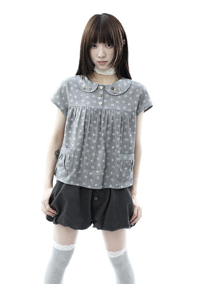 ang project Gray Polka Dot Doll Collar Wooden Button Pleated Pocket Women&