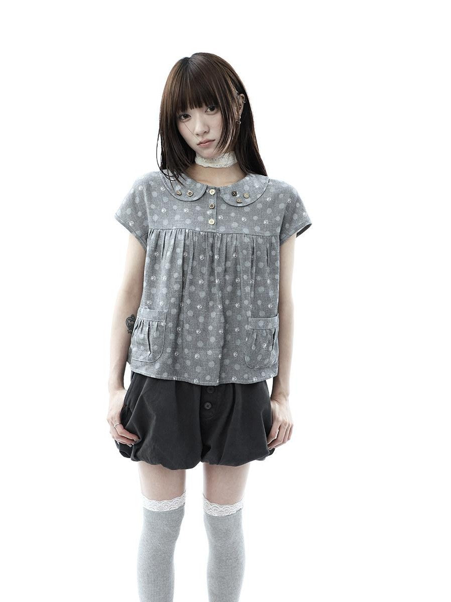 ang project Gray Polka Dot Doll Collar Wooden Button Pleated Pocket Women&