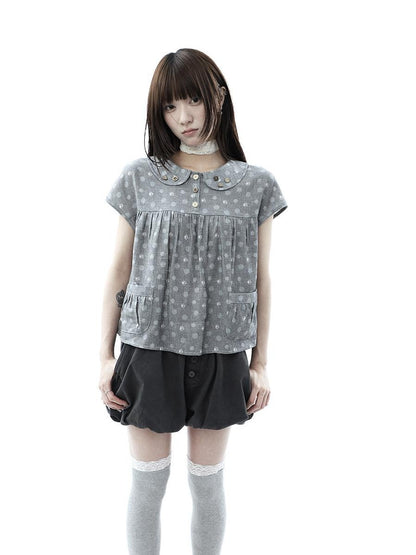 ang project Gray Polka Dot Doll Collar Wooden Button Pleated Pocket Women&