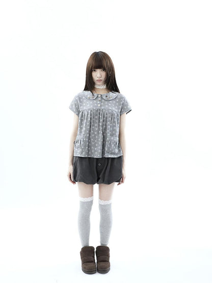 ang project Gray Polka Dot Doll Collar Wooden Button Pleated Pocket Women&