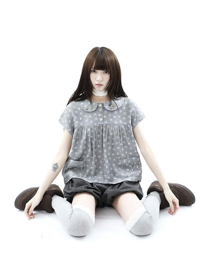 ang project Gray Polka Dot Doll Collar Wooden Button Pleated Pocket Women&