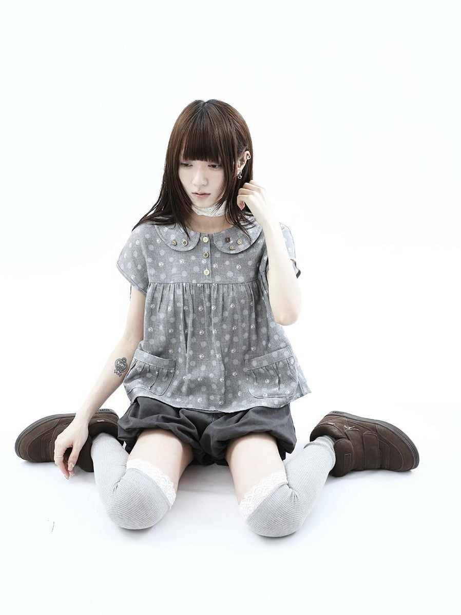 ang project Gray Polka Dot Doll Collar Wooden Button Pleated Pocket Women&