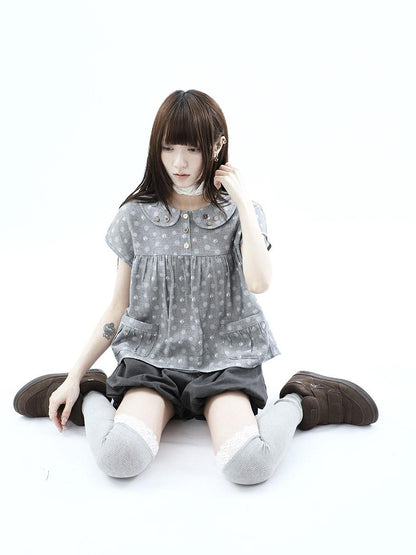 ang project Gray Polka Dot Doll Collar Wooden Button Pleated Pocket Women&