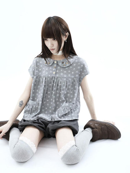 ang project Gray Polka Dot Doll Collar Wooden Button Pleated Pocket Women&
