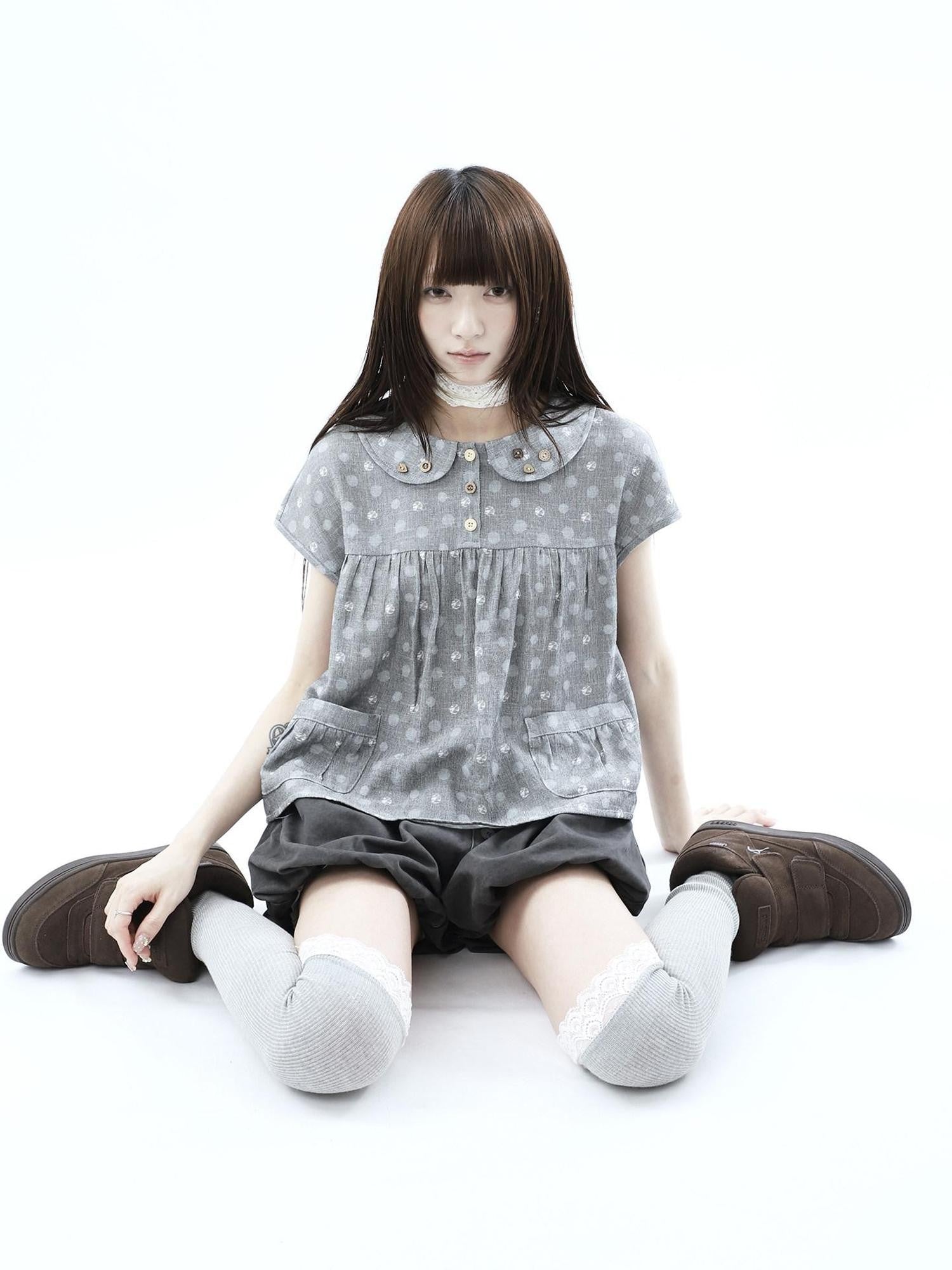 ang project Gray Polka Dot Doll Collar Wooden Button Pleated Pocket Women&