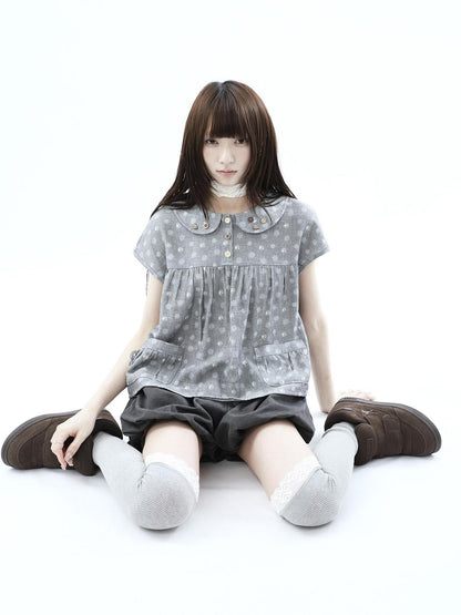 ang project Gray Polka Dot Doll Collar Wooden Button Pleated Pocket Women&