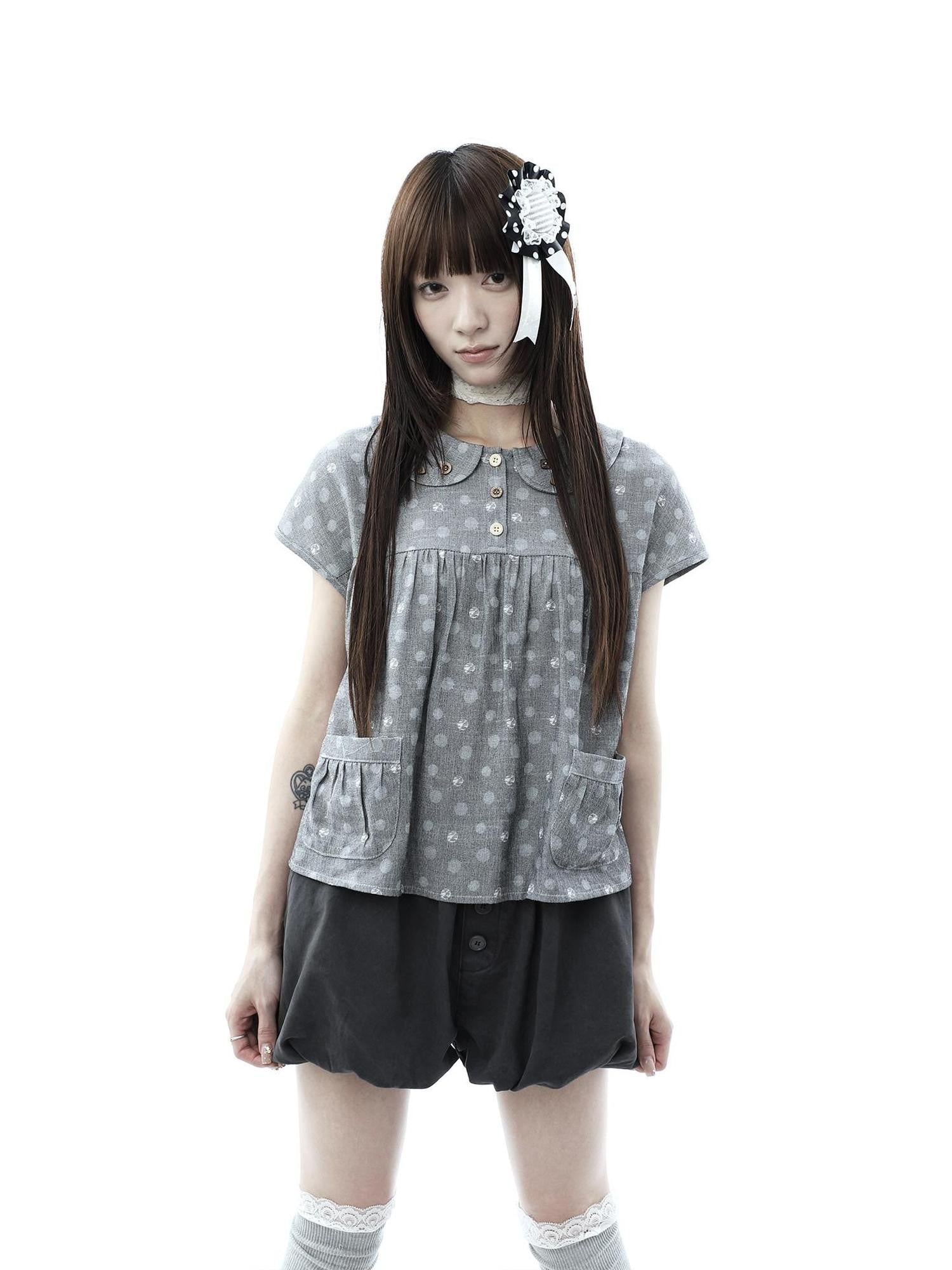 ang project Gray Polka Dot Doll Collar Wooden Button Pleated Pocket Women&