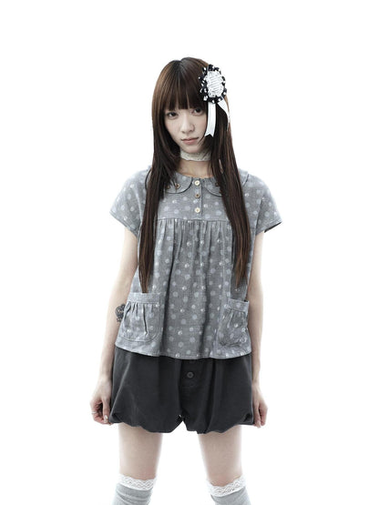 ang project Gray Polka Dot Doll Collar Wooden Button Pleated Pocket Women&